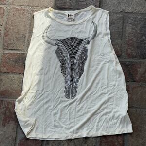 Haute Hippie Beaded Studded Bull Head Sleeveless T-Shirt Size S Western